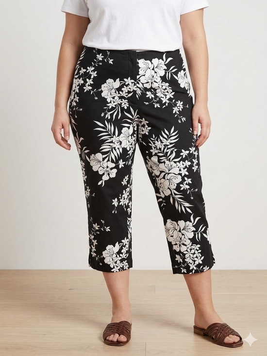 Venezia Jeans Pants - Venezia Jeans Black White Floral Capri Crop Pants Plus Size 16 Mid Rise Slit Hem